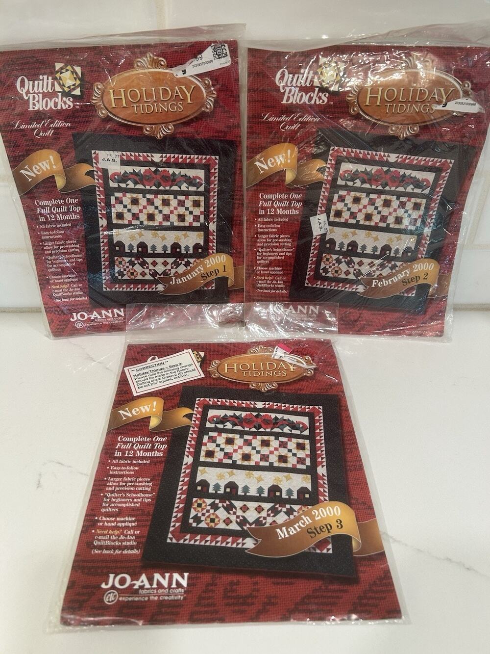 Vtg Holiday Tidings 2000 Joann Fabric Quilt Block Kits Set Of 3 Month Steps 1-3